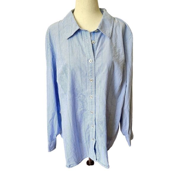 Talbots Woman 2X Blue and White Stripe Long Sleeve Blouse - Picture 1 of 7